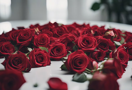 Pile of Beautiful Red Roses on a White Table for Valentine's Day Backgroundの素材