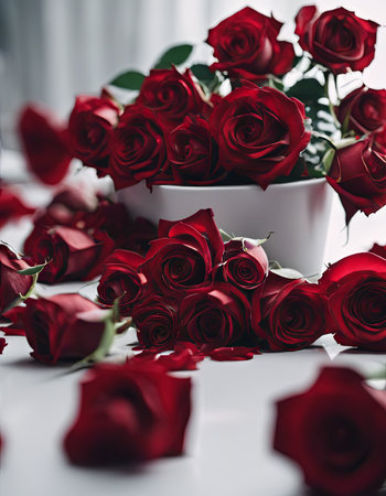 Pile of Beautiful Red Roses on a White Table for Valentine's Day Backgroundの素材