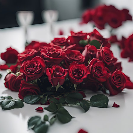 Pile of Beautiful Red Roses on a White Table for Valentine's Day Backgroundの素材