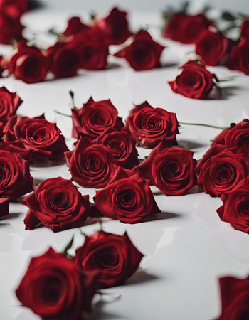 Pile of Beautiful Red Roses on a White Table for Valentine's Day Backgroundの素材