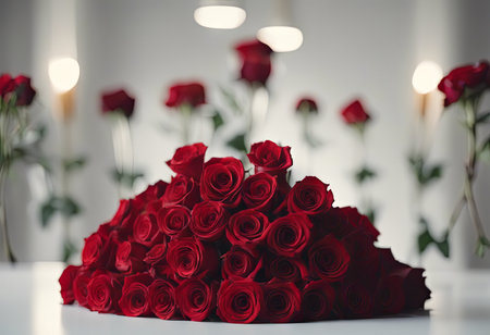Pile of Beautiful Red Roses on a White Table for Valentine's Day Backgroundの素材