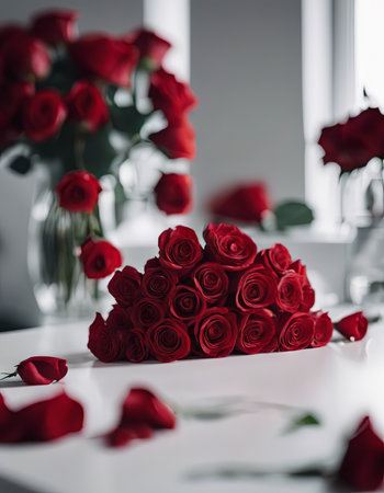 Pile of Beautiful Red Roses on a White Table for Valentine's Day Backgroundの素材