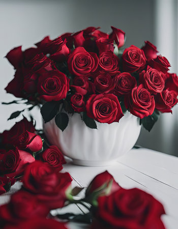Pile of Beautiful Red Roses on a White Table for Valentine's Day Backgroundの素材