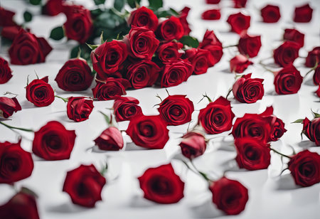 Pile of Beautiful Red Roses on a White Table for Valentine's Day Backgroundの素材