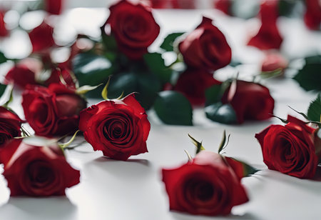 Pile of Beautiful Red Roses on a White Table for Valentine's Day Backgroundの素材