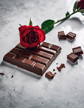 Red Rose and a Chocolate on White Table for Valentine's Day Backgroundの素材