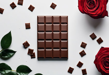 Red Rose and a Chocolate on White Table for Valentine's Day Backgroundの素材