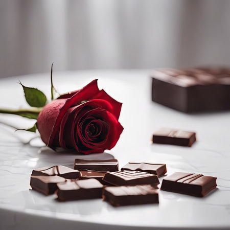Red Rose and a Chocolate on White Table for Valentine's Day Backgroundの素材
