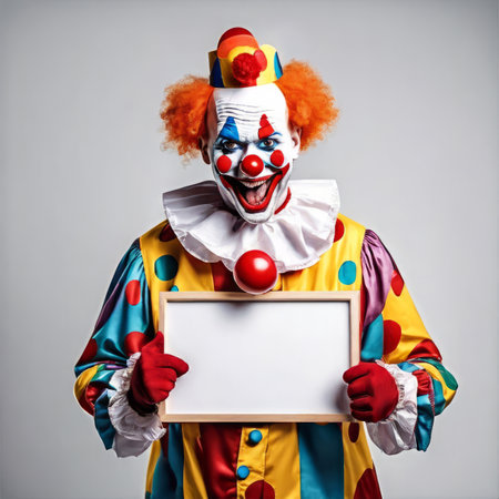 Funny Clown Holding Blank Board for April Fools Backgroundの素材