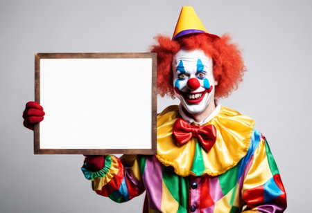 Funny Clown Holding Blank Board for April Fools Backgroundの素材