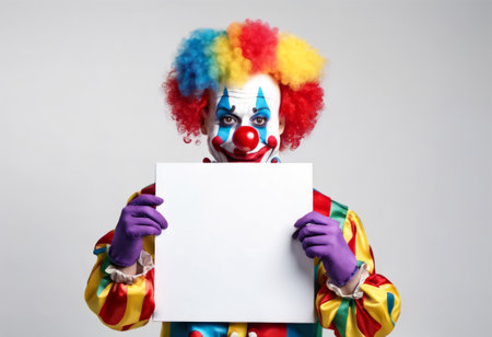 Funny Clown Holding Blank Board for April Fools Backgroundの素材