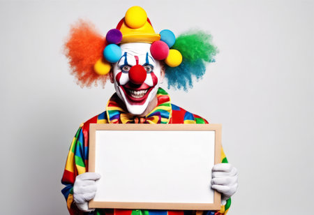 Funny Clown Holding Blank Board for April Fools Backgroundの素材