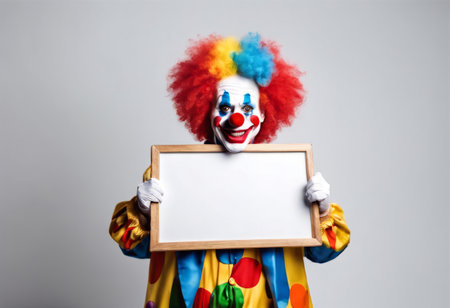 Funny Clown Holding Blank Board for April Fools Backgroundの素材