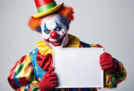 Funny Clown Holding Blank Board for April Fools Backgroundの素材