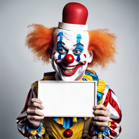Funny Clown Holding Blank Board for April Fools Backgroundの素材