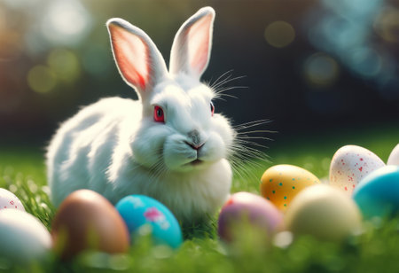 White Rabbit With Easter Eggs on the Grass for Easter Backgroundの素材