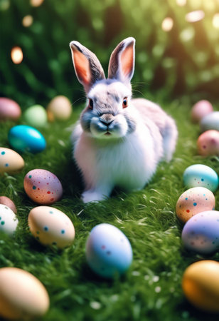 White Rabbit With Easter Eggs on the Grass for Easter Backgroundの素材