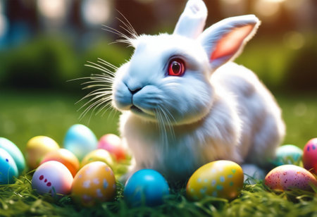 White Rabbit With Easter Eggs on the Grass for Easter Backgroundの素材