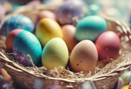 Colorful Easter Eggs in the Basket for Easter Backgroundの素材