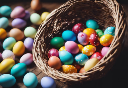 Colorful Easter Eggs in the Basket for Easter Backgroundの素材