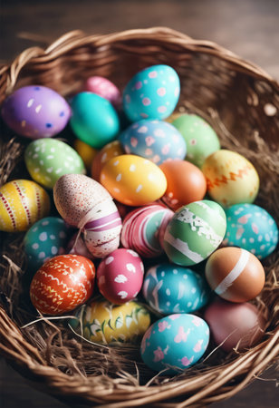 Colorful Easter Eggs in the Basket for Easter Backgroundの素材