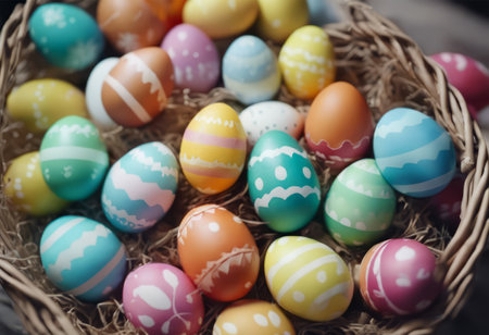 Colorful Easter Eggs in the Basket for Easter Backgroundの素材
