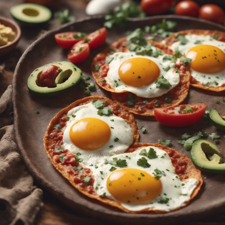 Traditional Mexican Food Huevos Rancheros on the Table for Food Backgroundの素材