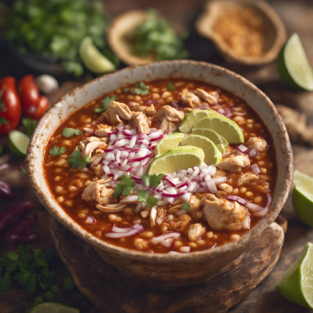 Traditional Mexican Food Pozole de Pollo on the Table for Food Backgroundの素材