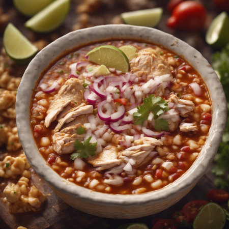 Traditional Mexican Food Pozole de Pollo on the Table for Food Backgroundの素材