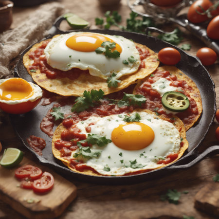 Traditional Mexican Food Huevos Rancheros on the Table for Food Backgroundの素材