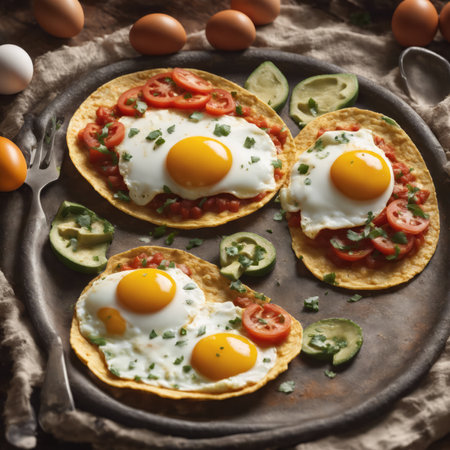 Traditional Mexican Food Huevos Rancheros on the Table for Food Backgroundの素材