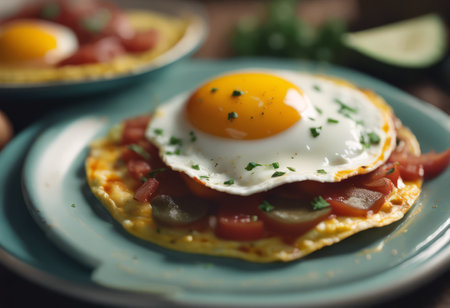 Traditional Mexican Food Huevos Rancheros on the Table for Food Backgroundの素材