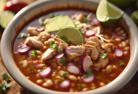 Traditional Mexican Food Pozole de Pollo on the Table for Food Backgroundの素材