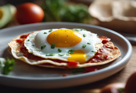 Traditional Mexican Food Huevos Rancheros on the Table for Food Backgroundの素材
