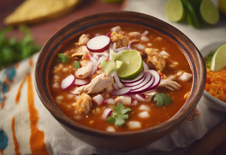 Traditional Mexican Food Pozole de Pollo on the Table for Food Backgroundの素材