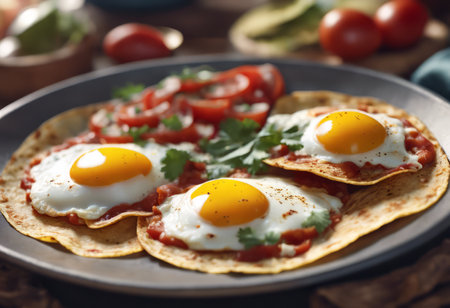 Traditional Mexican Food Huevos Rancheros on the Table for Food Backgroundの素材