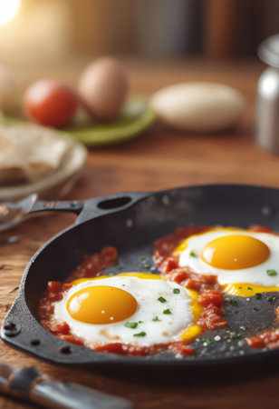 Traditional Mexican Food Huevos Rancheros on the Table for Food Backgroundの素材