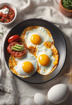 Traditional Mexican Food Huevos Rancheros on the Table for Food Backgroundの素材