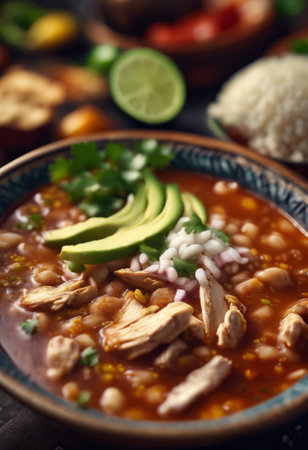 Traditional Mexican Food Pozole de Pollo on the Table for Food Backgroundの素材