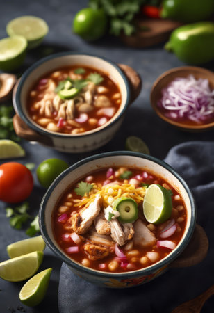 Traditional Mexican Food Pozole de Pollo on the Table for Food Backgroundの素材
