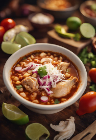 Traditional Mexican Food Pozole de Pollo on the Table for Food Backgroundの素材