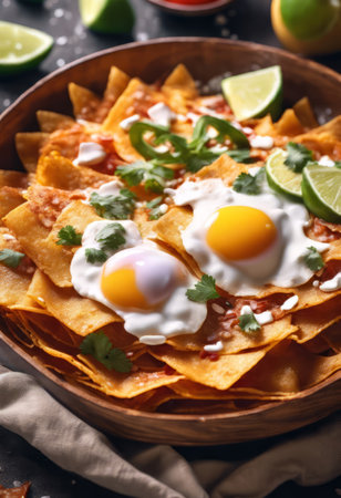 Traditional Mexican Food Chilaquiles on the Table for Food Backgroundの素材