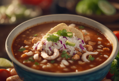 Traditional Mexican Food Pozole de Pollo on the Table for Food Backgroundの素材