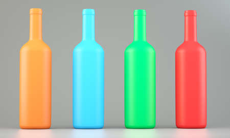 Four colored wine bottles on grey backgroundの写真素材