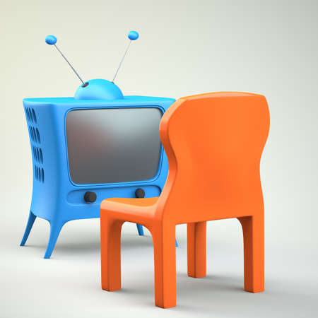 Cartoon-styled tv with chair. 3d illustrationの写真素材