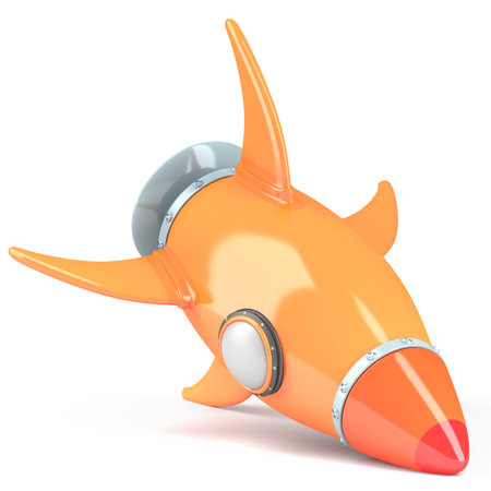 Orange cartoon-styled rocket isolated on white background. 3d illustrationの写真素材