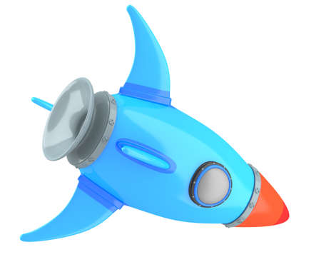 Blue cartoon-styled rocket isolated on white background. 3d illustrationの写真素材