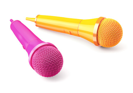 Pink and yellow microphones on dark blue background. 3d renderの写真素材