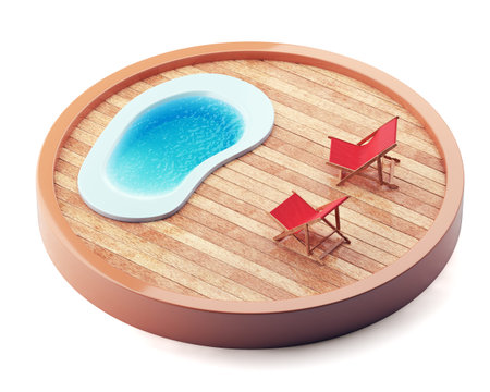 Lounge chairs near the pool on wooden plate isolated on white background. 3d render