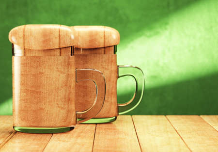Two souvenir beer mugs on wooden table over green background. 3d renderingの写真素材